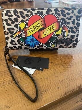 Ed Hardy Leopard Print Wristlet with Red Heart Tattoo Graphic